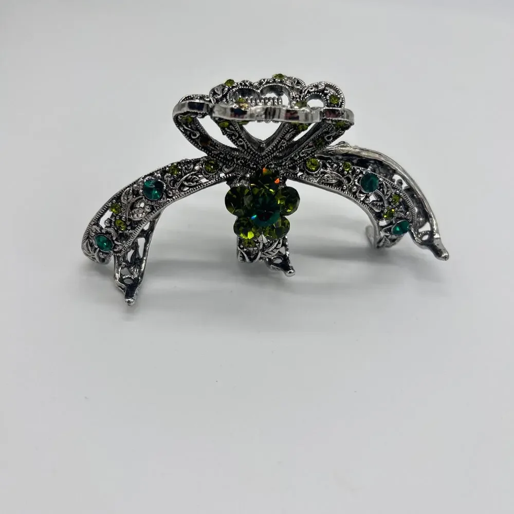 Vintage Claw Clip Silver Tone Floral Green Rhinestones Hair Costume Jewelry